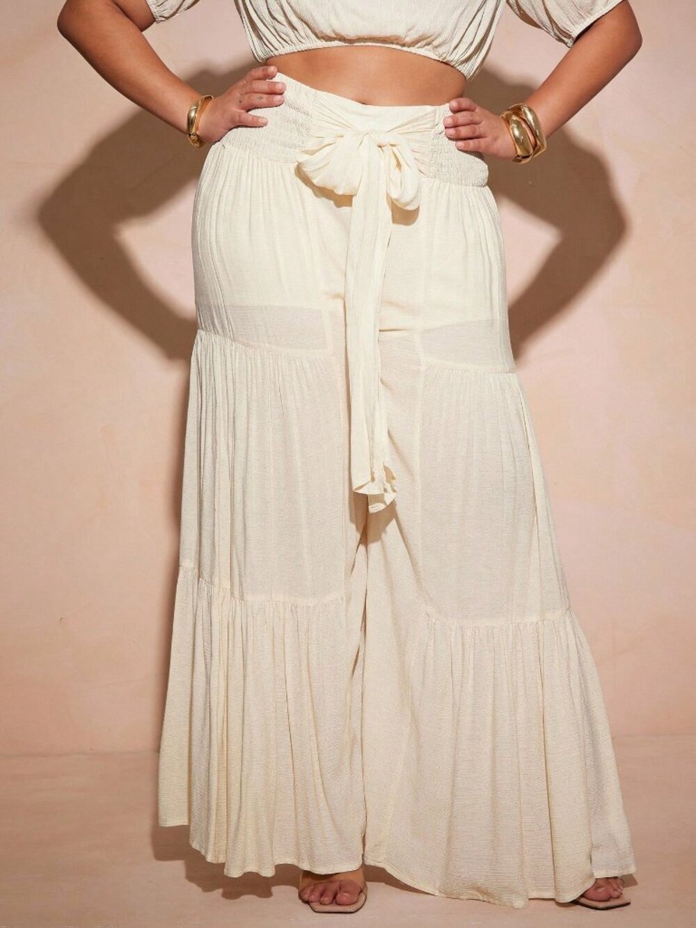 Apricot Casual Women's Plus Size Shirred Bowknot High Waist Tiered Pants